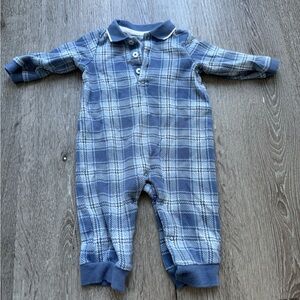 Little Me Baby Boy Plaid Polo Romper 9M Blue Long Sleeve Snap Footless One Piece